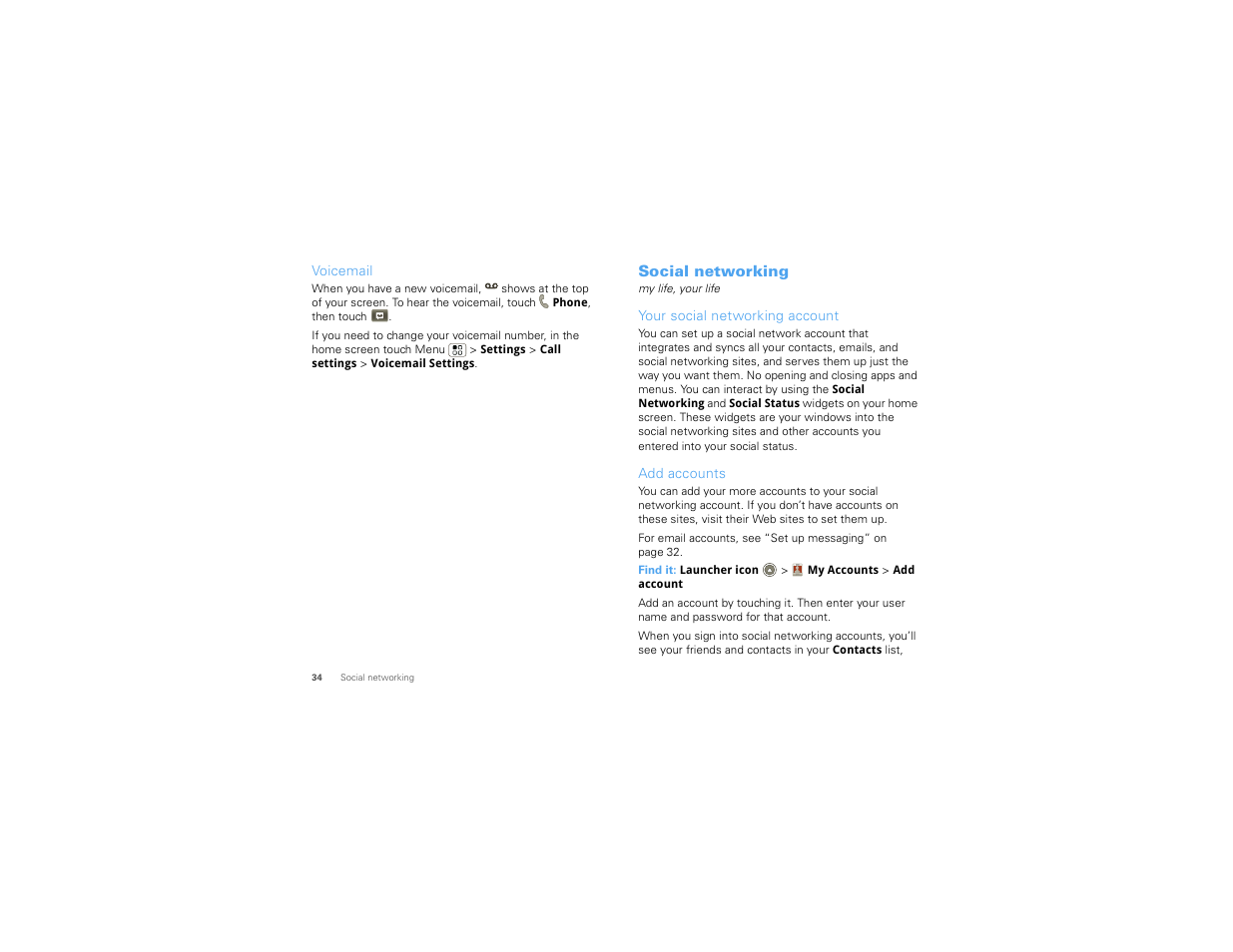 Voicemail, Social networking, Your social networking account | Add accounts | Motorola 68000202881-A User Manual | Page 36 / 70