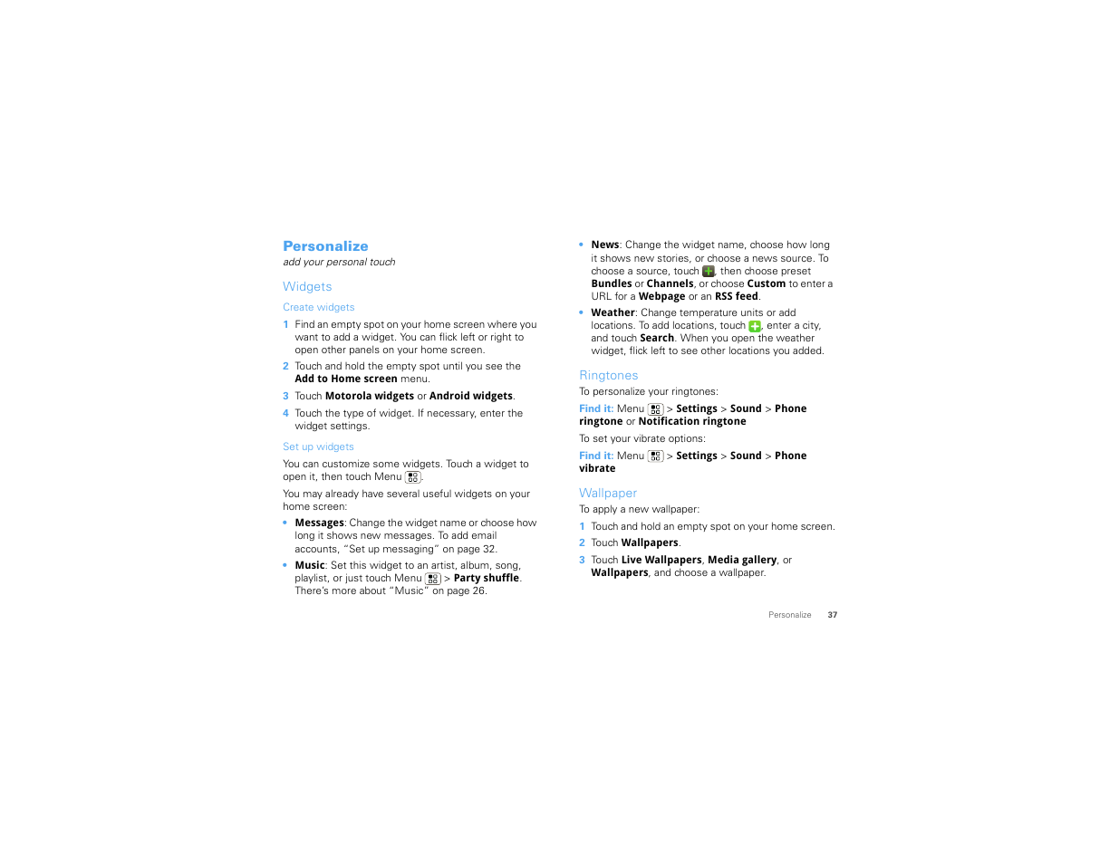 Personalize, Widgets, Ringtones | Wallpaper | Motorola 68000202881-A User Manual | Page 39 / 70