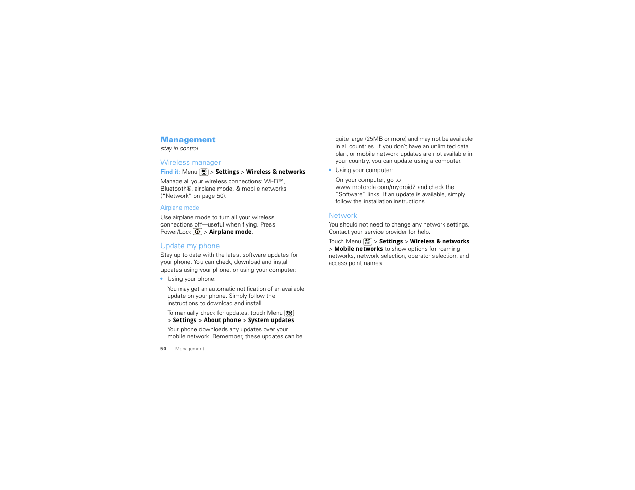 Management, Wireless manager, Update my phone | Network | Motorola 68000202881-A User Manual | Page 52 / 70