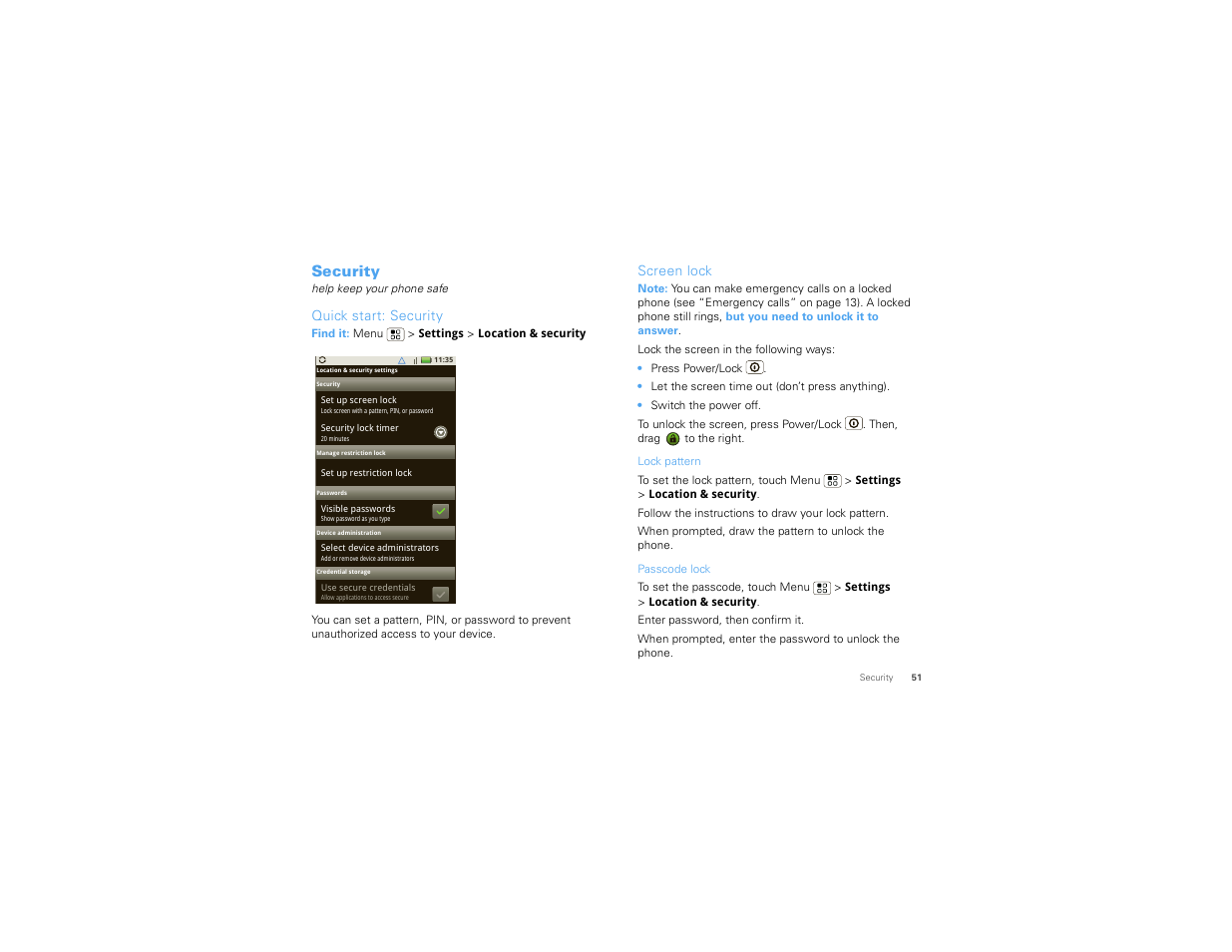 Security, Quick start: security, Screen lock | Motorola 68000202881-A User Manual | Page 53 / 70