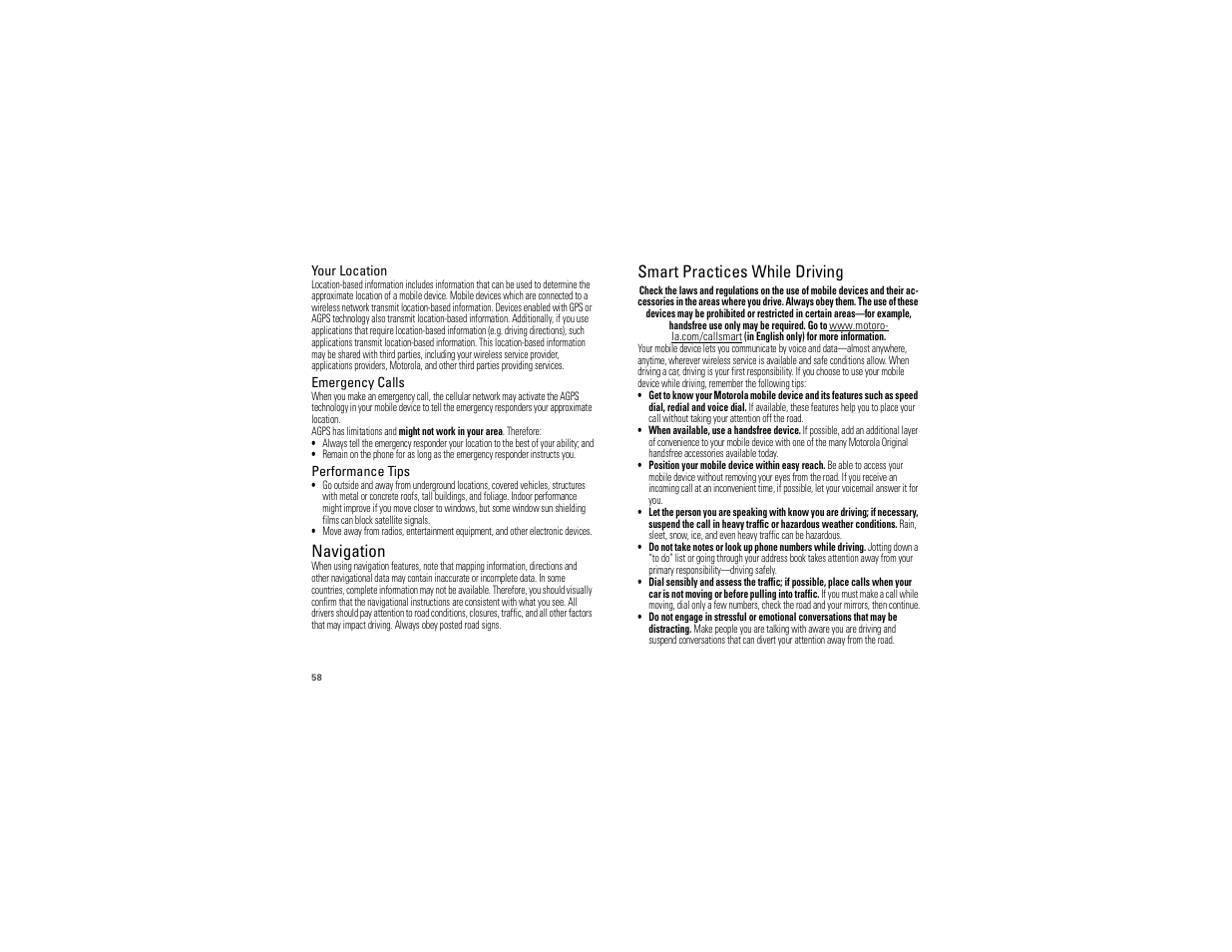 Navigation, Driving safety, Smart practices while driving | Motorola 68000202881-A User Manual | Page 60 / 70