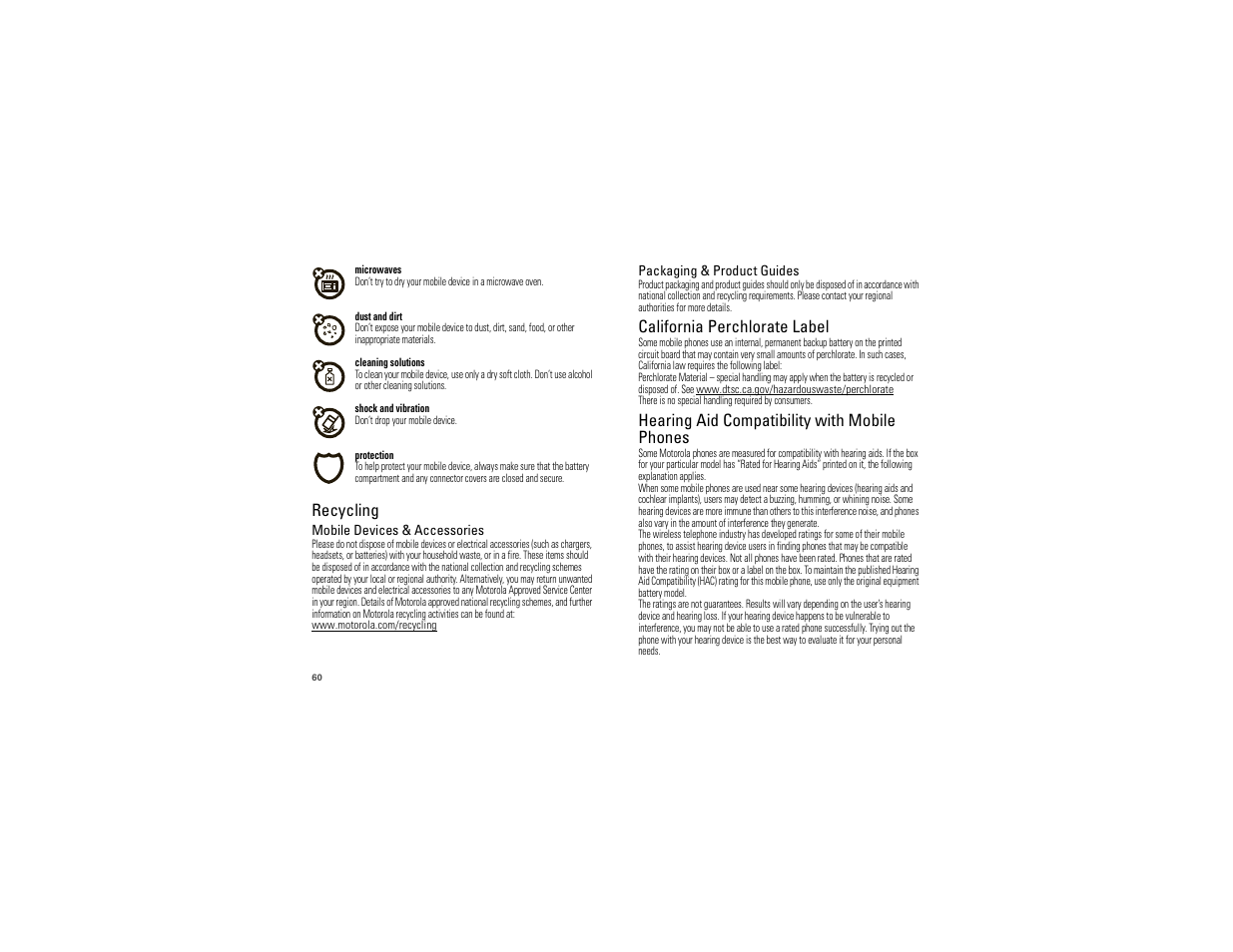 Recycling, Perchlorate label, Hearing aid compatibility | California perchlorate label, Hearing aid compatibility with mobile phones | Motorola 68000202881-A User Manual | Page 62 / 70