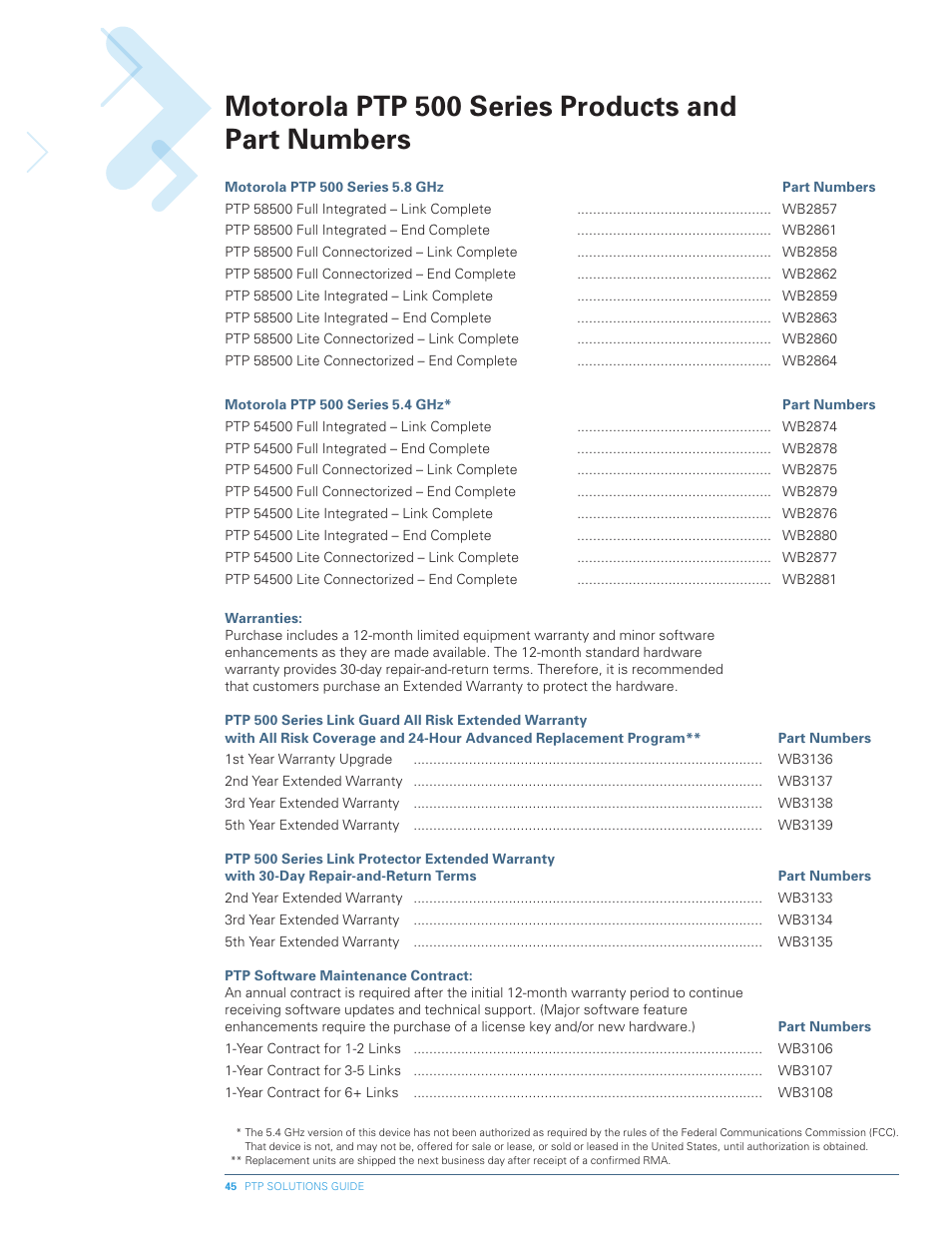Motorola ptp 500 series products and part numbers | Motorola PTP 300 User Manual | Page 45 / 61