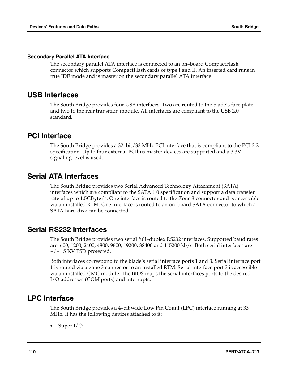 Secondary parallel ata interface, Usb interfaces, Pci interface | Serial ata interfaces, Serial rs232 interfaces, Lpc interface | Motorola ATCA-717 User Manual | Page 110 / 156