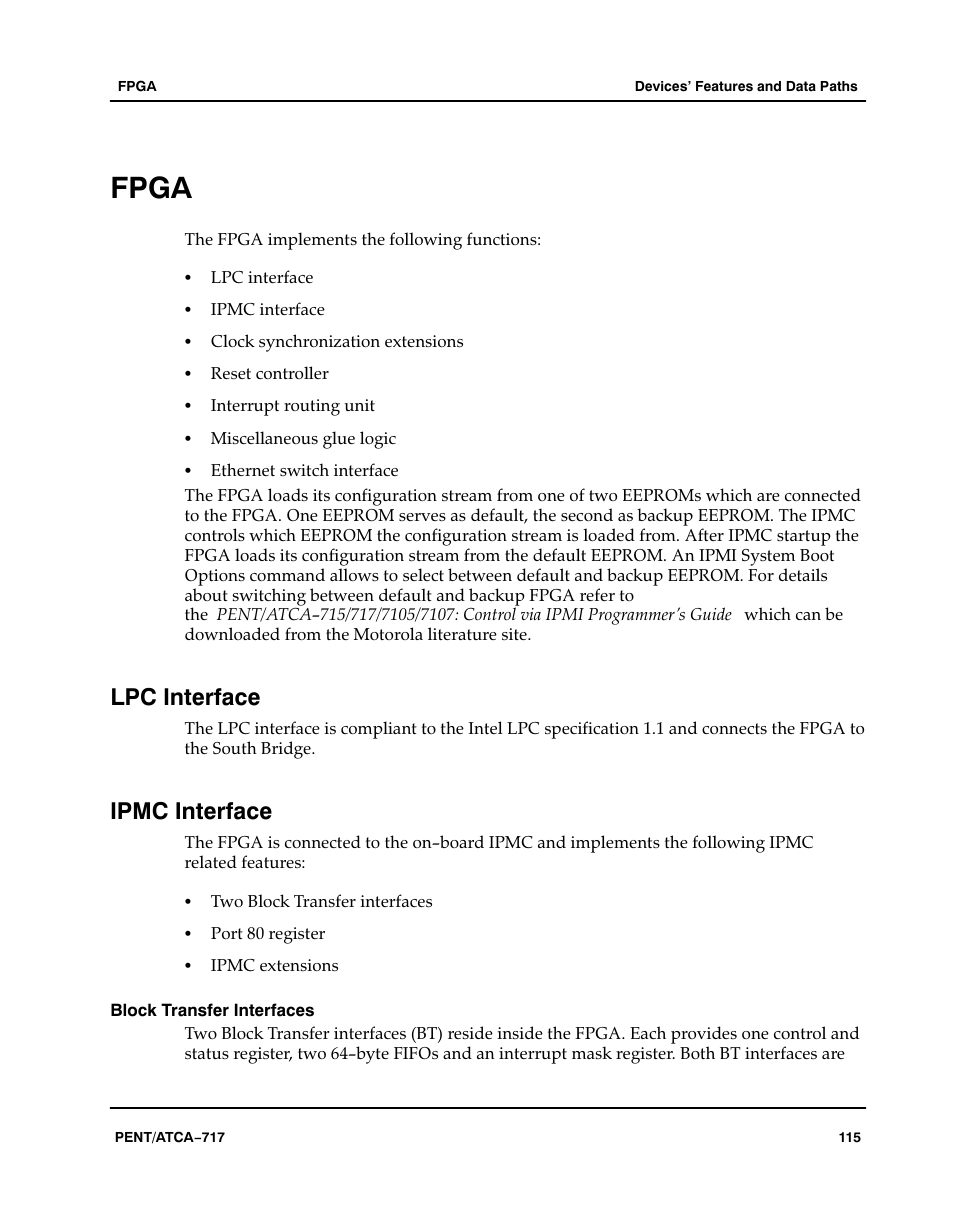 Fpga, Lpc interface, Ipmc interface | Block transfer interfaces | Motorola ATCA-717 User Manual | Page 115 / 156