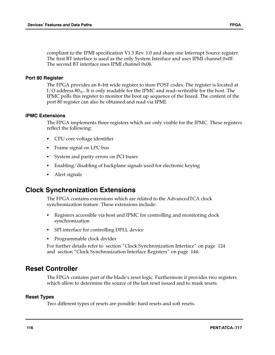 Port 80 register, Ipmc extensions, Clock synchronization extensions | Reset controller, Reset types | Motorola ATCA-717 User Manual | Page 116 / 156