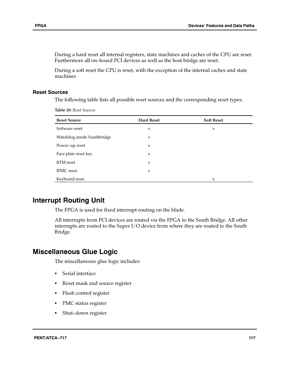 Reset sources, Interrupt routing unit, Miscellaneous glue logic | Table, Aaaaaa | Motorola ATCA-717 User Manual | Page 117 / 156