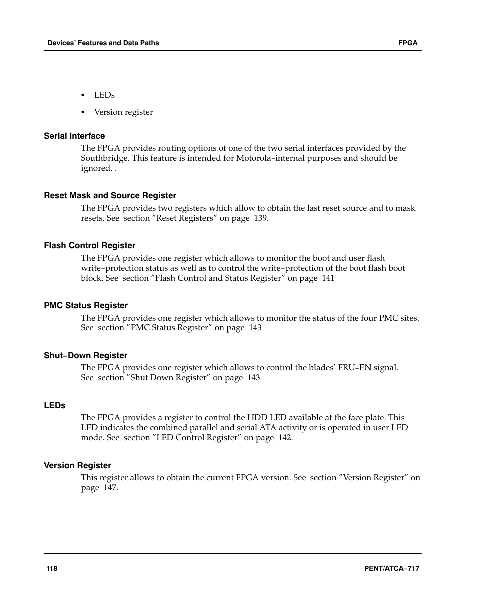 Serial interface, Reset mask and source register, Flash control register | Pmc status register, Shut−down register, Leds, Version register | Motorola ATCA-717 User Manual | Page 118 / 156