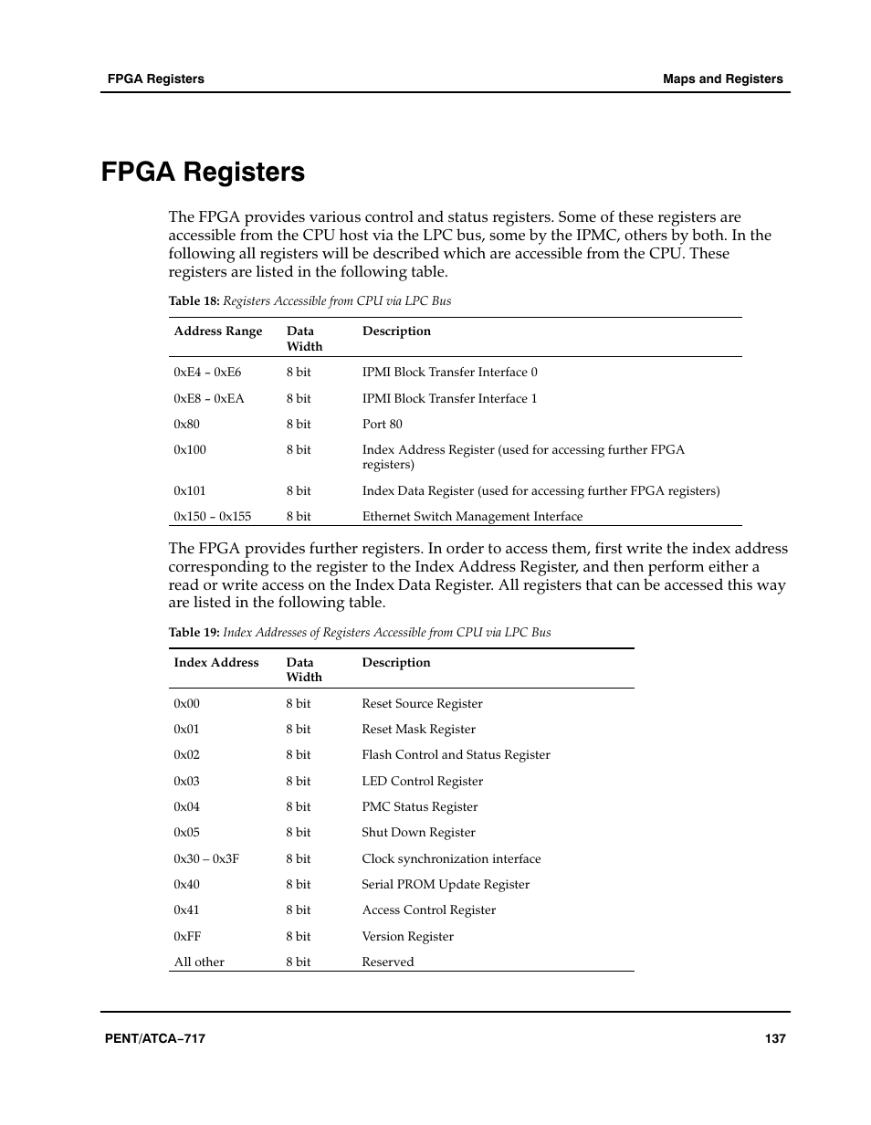 Fpga registers, Table, Aaaaaa | Registers accessible from cpu via lpc bus | Motorola ATCA-717 User Manual | Page 137 / 156