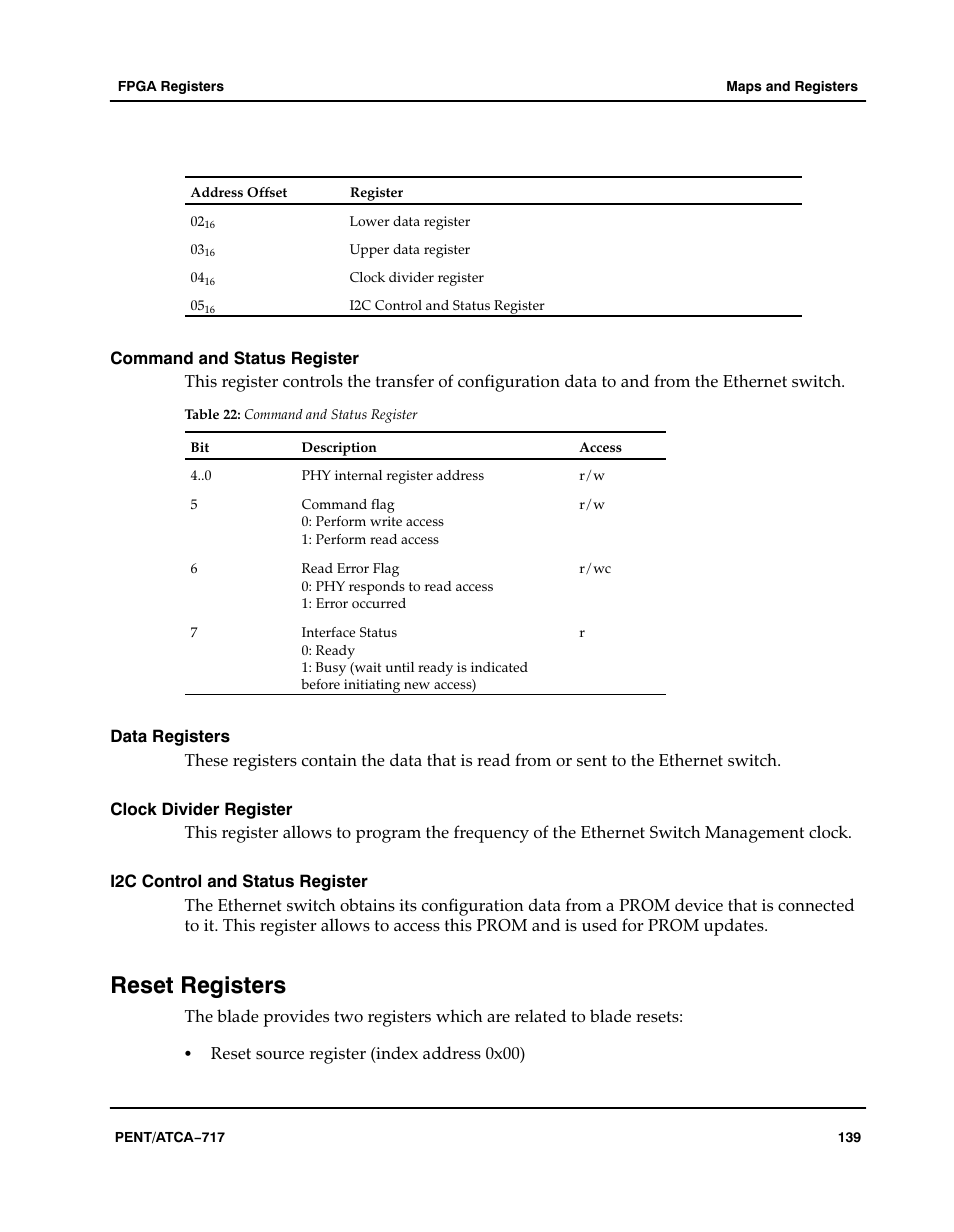 Command and status register, Data registers clock divider register, I2c control and status register | Reset registers, Data registers, Clock divider register, Table, Aaaaaa | Motorola ATCA-717 User Manual | Page 139 / 156