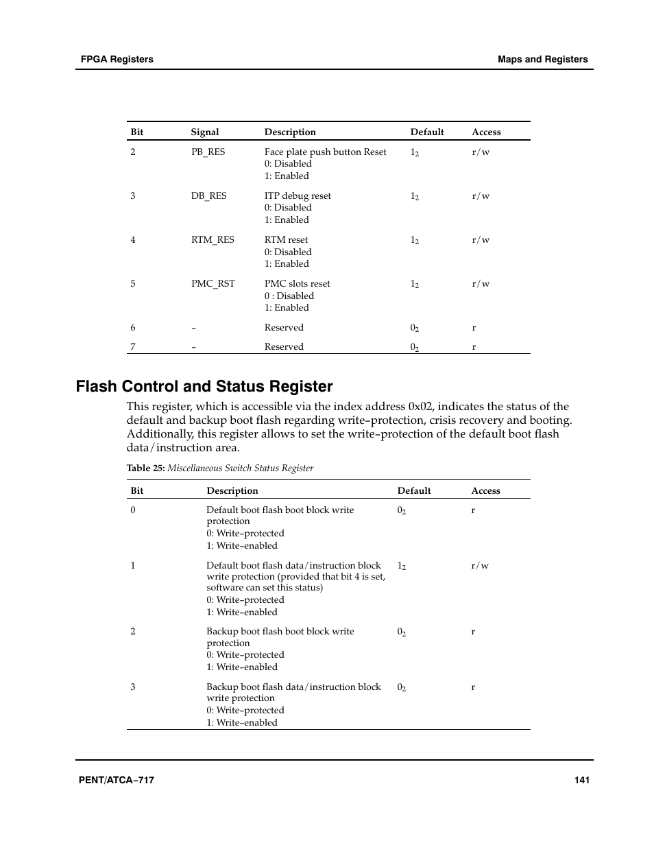 Flash control and status register, Table, Aaaaaa | Miscellaneous switch status register | Motorola ATCA-717 User Manual | Page 141 / 156