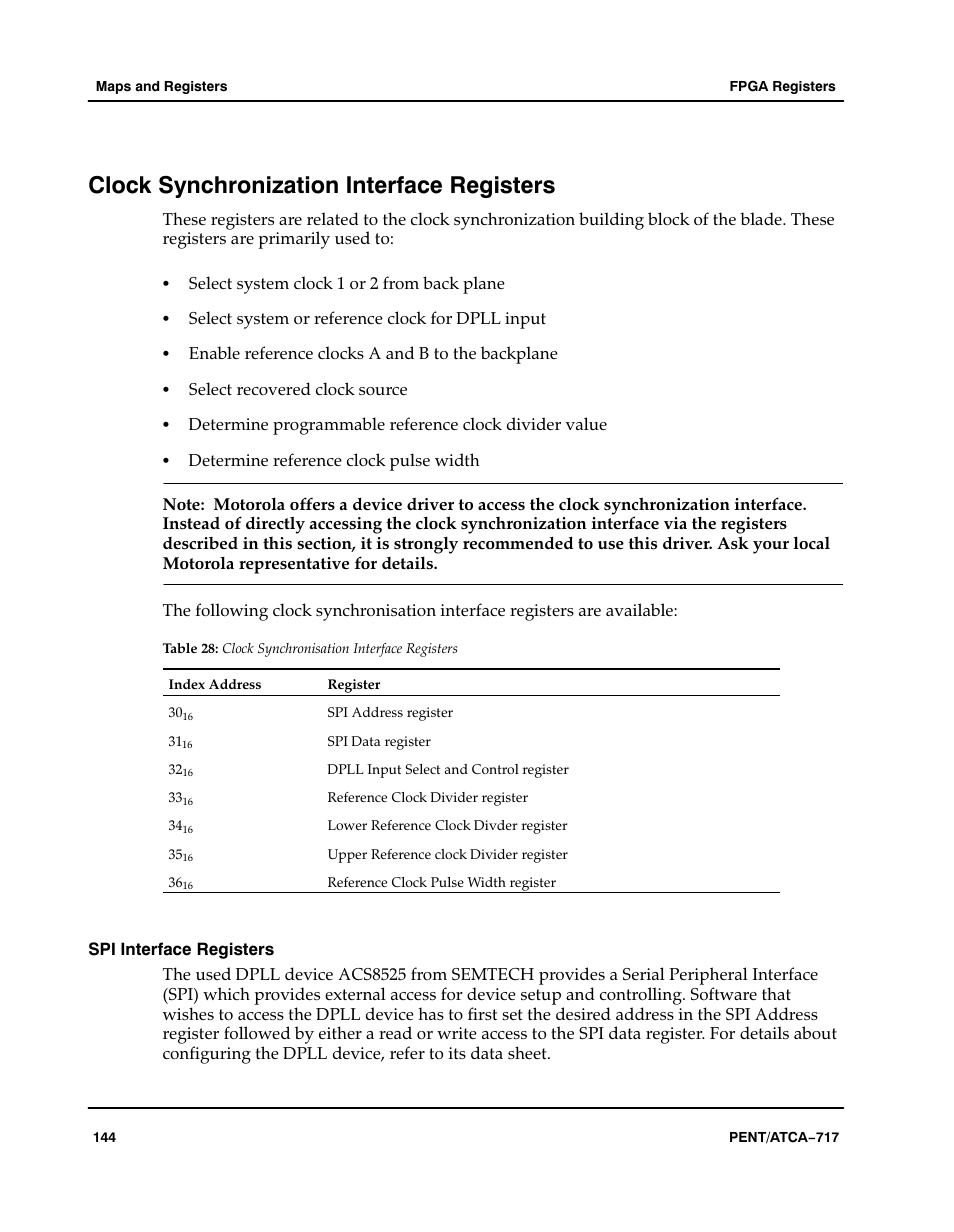 Clock synchronization interface registers, Spi interface registers, Table | Aaaaaa, Clock synchronisation interface registers | Motorola ATCA-717 User Manual | Page 144 / 156