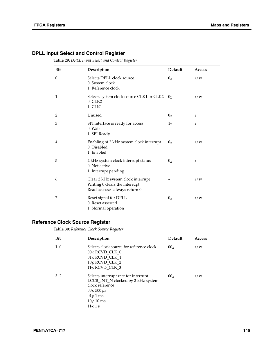 Dpll input select and control register, Reference clock source register, Table | Aaaaaa | Motorola ATCA-717 User Manual | Page 145 / 156