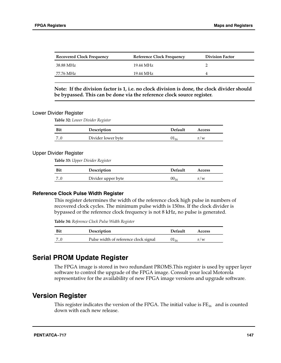 Reference clock pulse width register, Serial prom update register, Version register | Table, Aaaaaa, Lower divider register, Upper divider register, Section "version register" on | Motorola ATCA-717 User Manual | Page 147 / 156