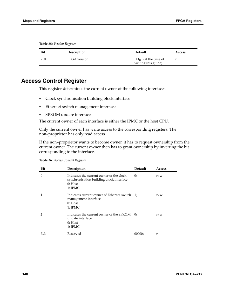 Access control register, Table, Aaaaaa | Version register | Motorola ATCA-717 User Manual | Page 148 / 156