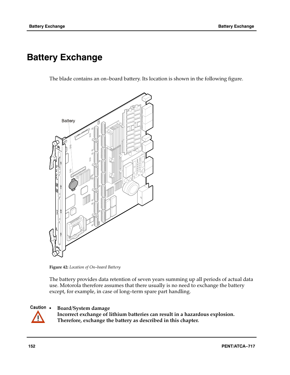 Battery exchange, Figure, Aaaaaa | Location of on−board battery | Motorola ATCA-717 User Manual | Page 152 / 156