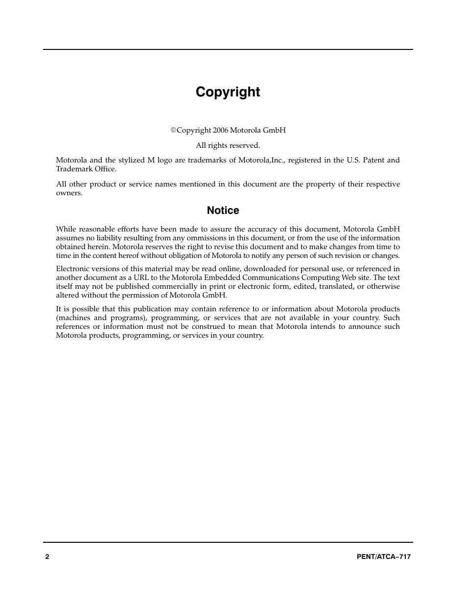 Copyright, Notice | Motorola ATCA-717 User Manual | Page 2 / 156