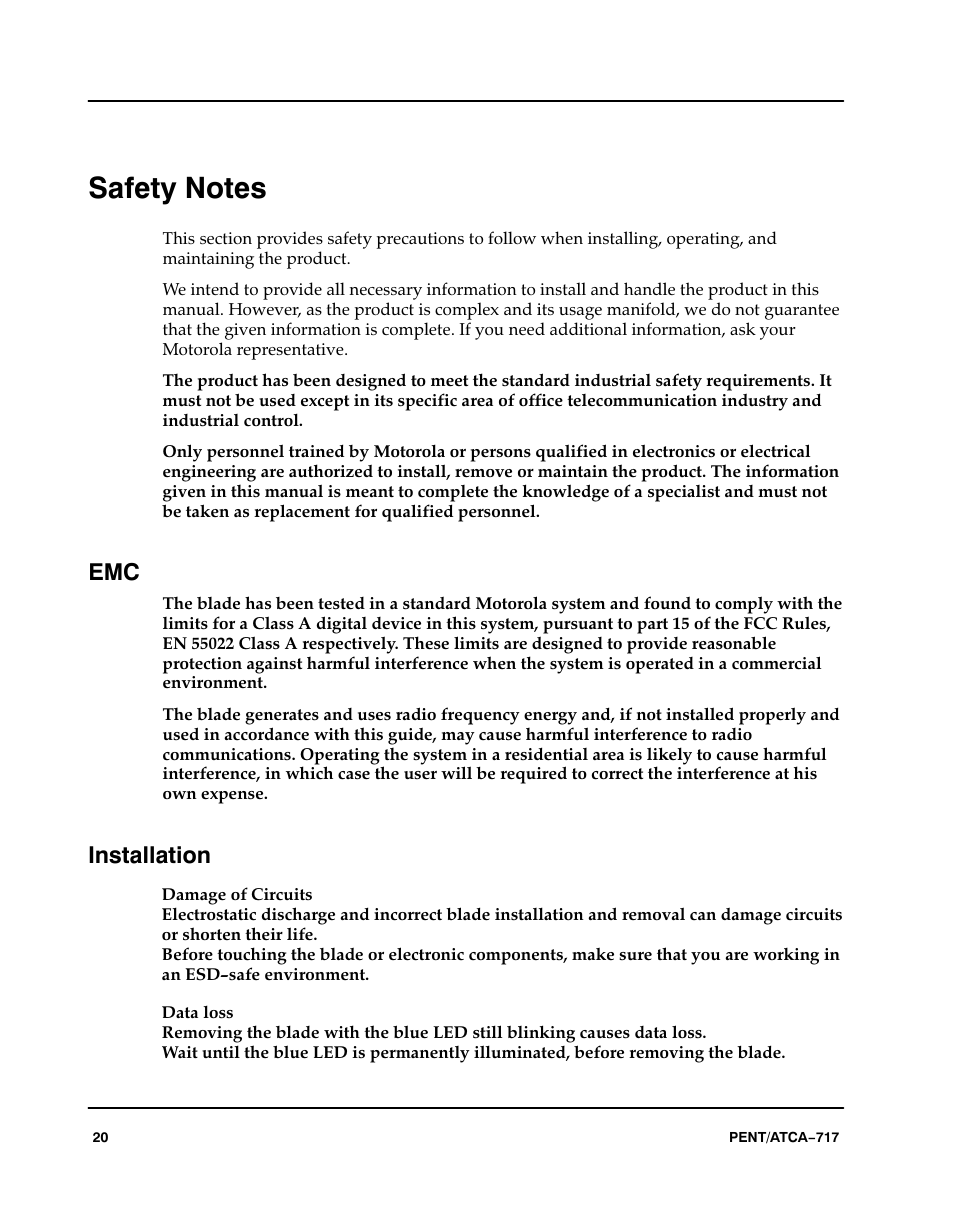 Safety notes, Installation | Motorola ATCA-717 User Manual | Page 20 / 156