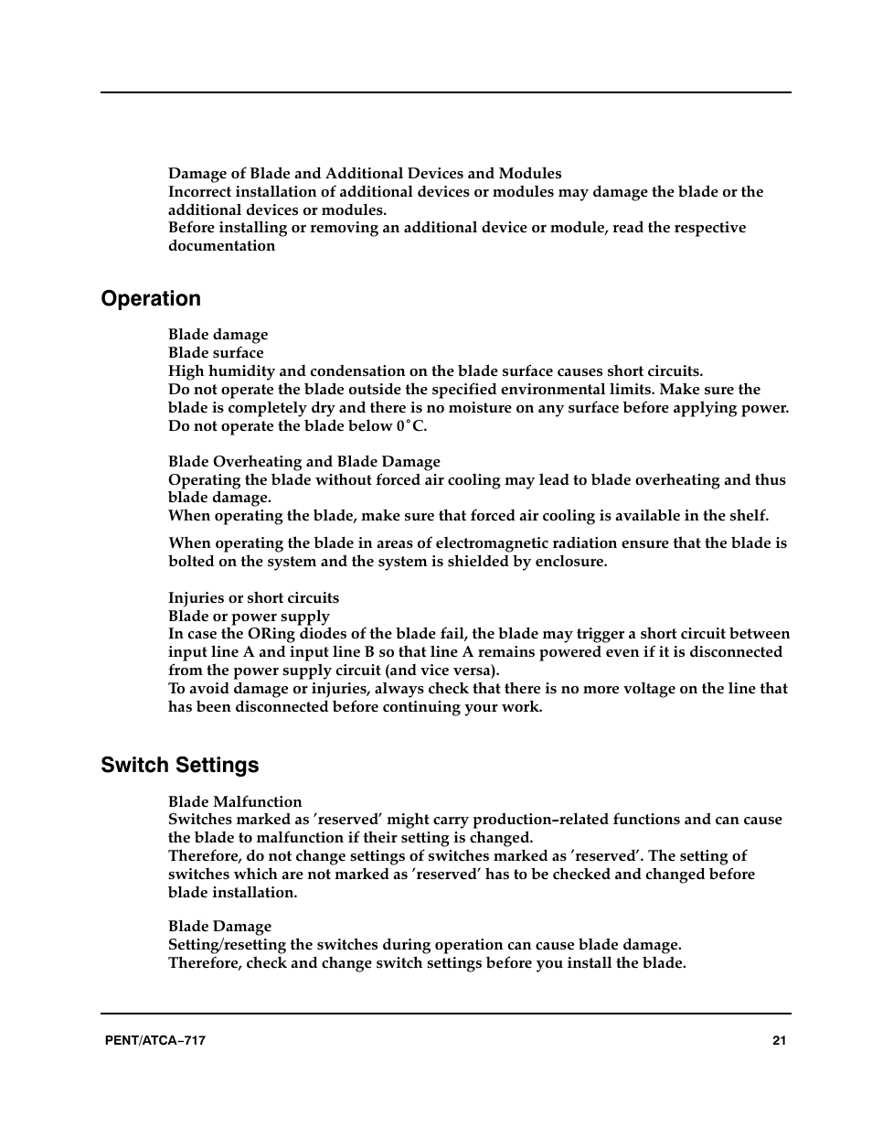 Operation, Switch settings | Motorola ATCA-717 User Manual | Page 21 / 156