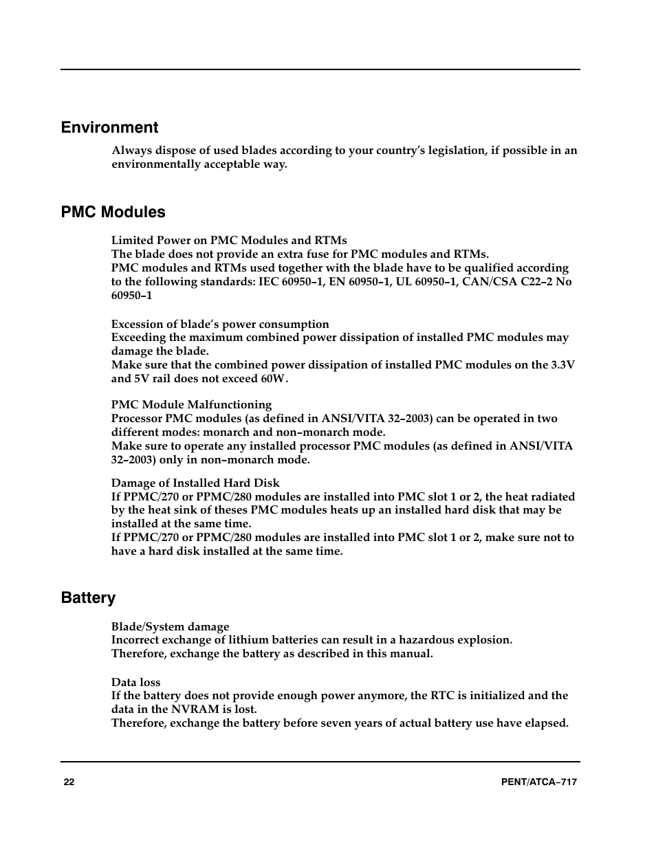 Environment, Pmc modules, Battery | Motorola ATCA-717 User Manual | Page 22 / 156