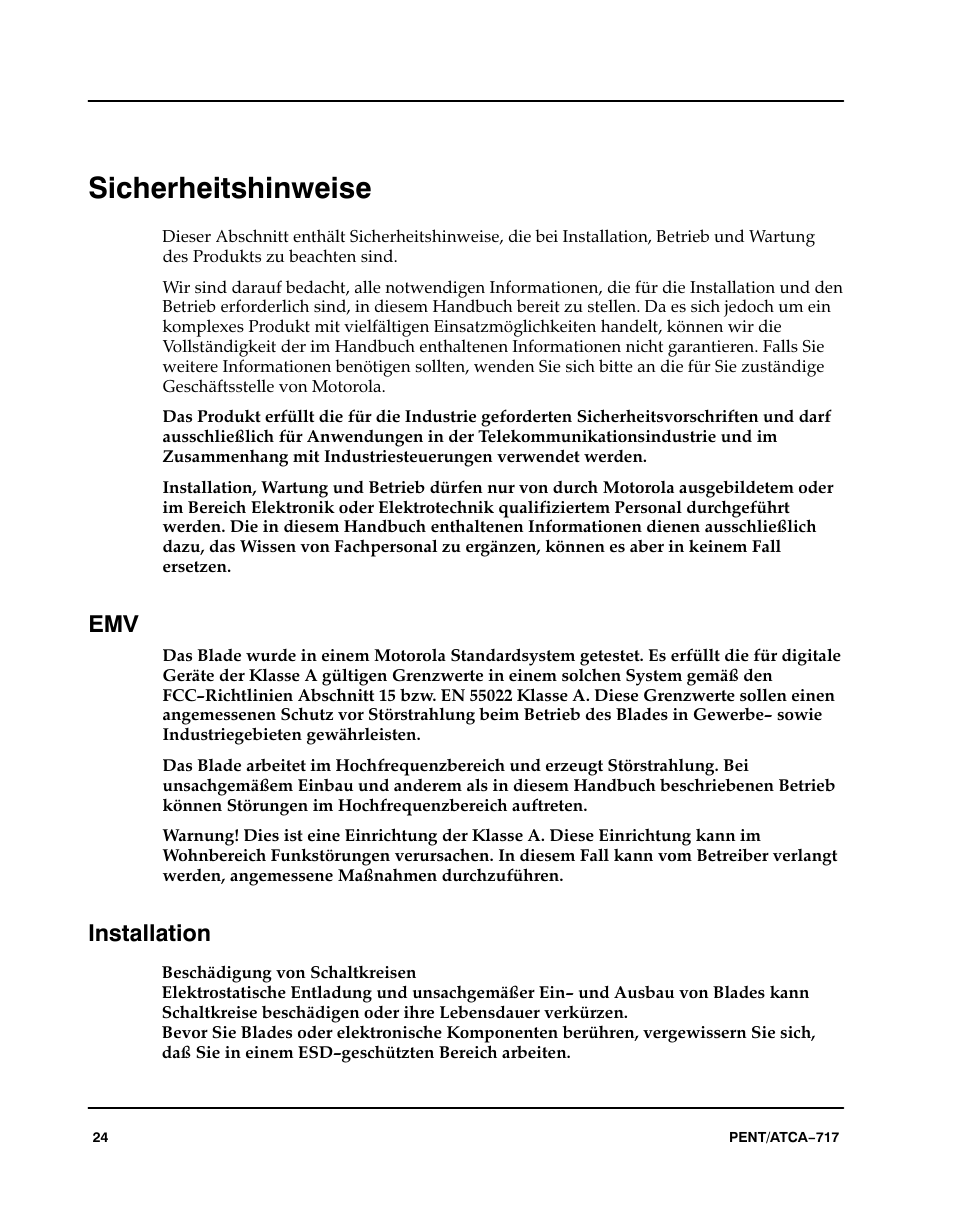 Sicherheitshinweise, Installation | Motorola ATCA-717 User Manual | Page 24 / 156