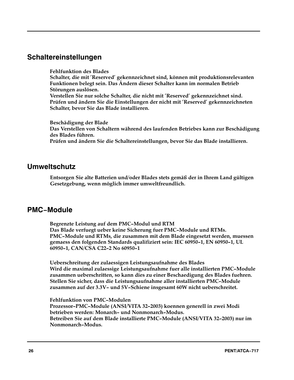 Schaltereinstellungen, Umweltschutz, Pmc−module | Motorola ATCA-717 User Manual | Page 26 / 156