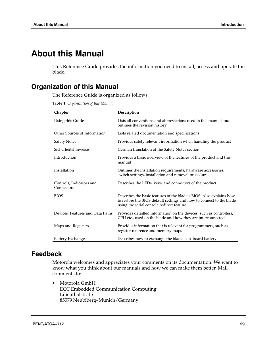 About this manual, Organization of this manual, Feedback | Table, Aaaaaaa | Motorola ATCA-717 User Manual | Page 29 / 156