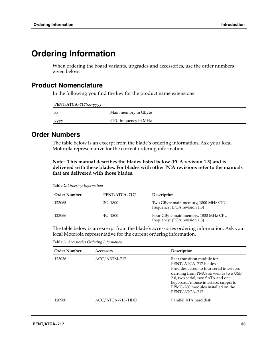 Ordering information, Product nomenclature, Order numbers | Table, Aaaaaaa, Accessories ordering information | Motorola ATCA-717 User Manual | Page 33 / 156