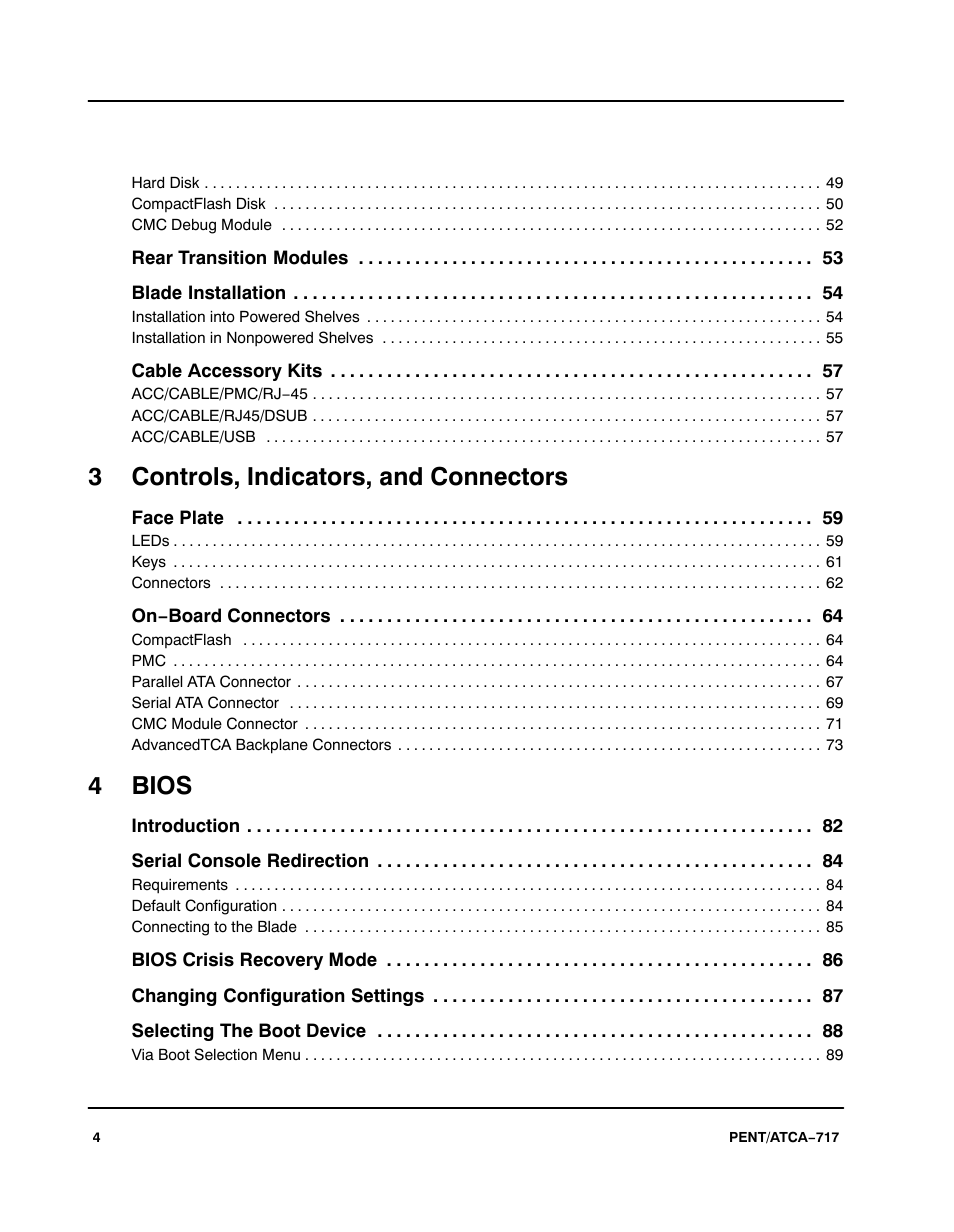 3 controls, indicators, and connectors, 4 bios | Motorola ATCA-717 User Manual | Page 4 / 156