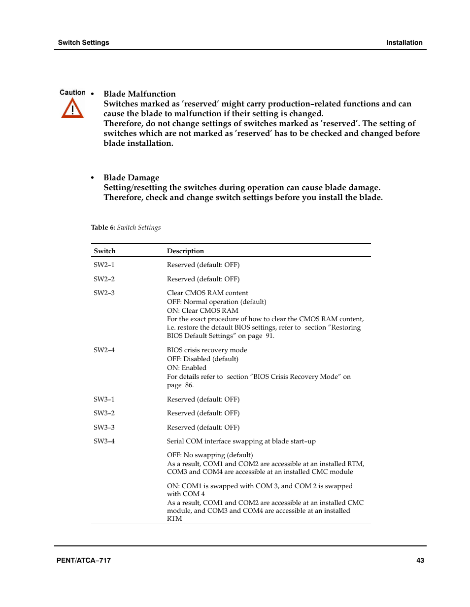 Table, Aaaaaaa, Switch settings | Motorola ATCA-717 User Manual | Page 43 / 156