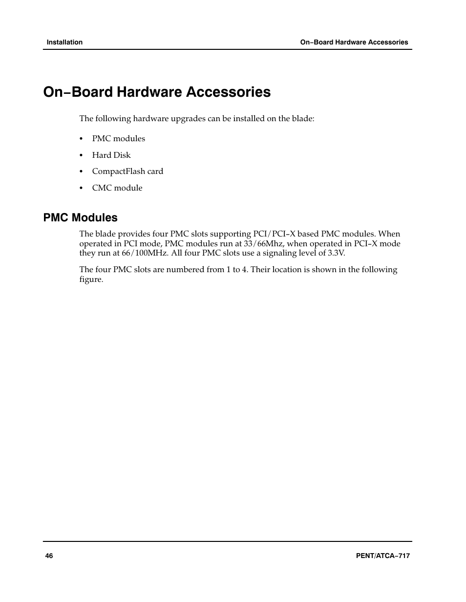 On−board hardware accessories, Pmc modules | Motorola ATCA-717 User Manual | Page 46 / 156