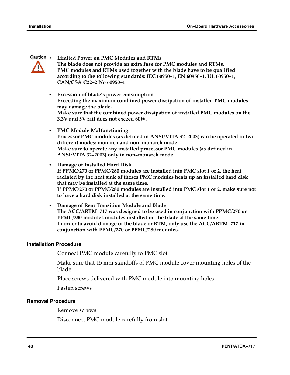 Installation procedure, Removal procedure | Motorola ATCA-717 User Manual | Page 48 / 156