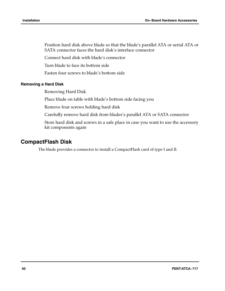 Removing a hard disk, Compactflash disk | Motorola ATCA-717 User Manual | Page 50 / 156