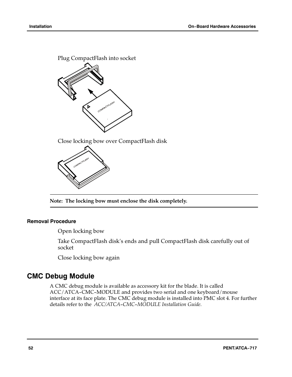 Removal procedure, Cmc debug module | Motorola ATCA-717 User Manual | Page 52 / 156