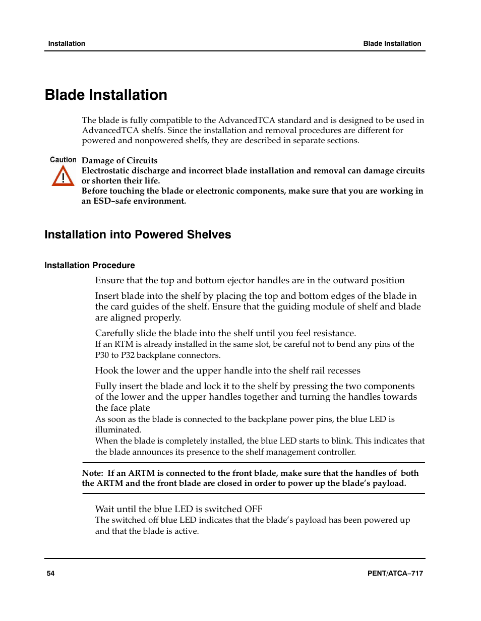 Blade installation, Installation into powered shelves, Installation procedure | Motorola ATCA-717 User Manual | Page 54 / 156