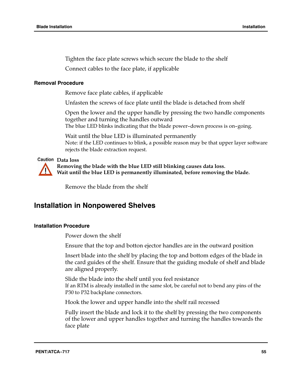 Removal procedure, Installation in nonpowered shelves, Installation procedure | Motorola ATCA-717 User Manual | Page 55 / 156