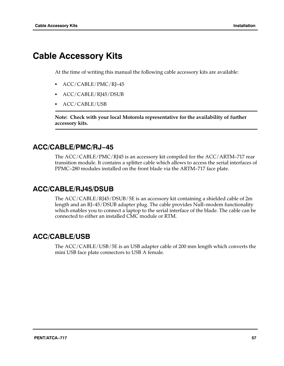 Cable accessory kits, Acc/cable/pmc/rj−45, Acc/cable/rj45/dsub | Acc/cable/usb | Motorola ATCA-717 User Manual | Page 57 / 156