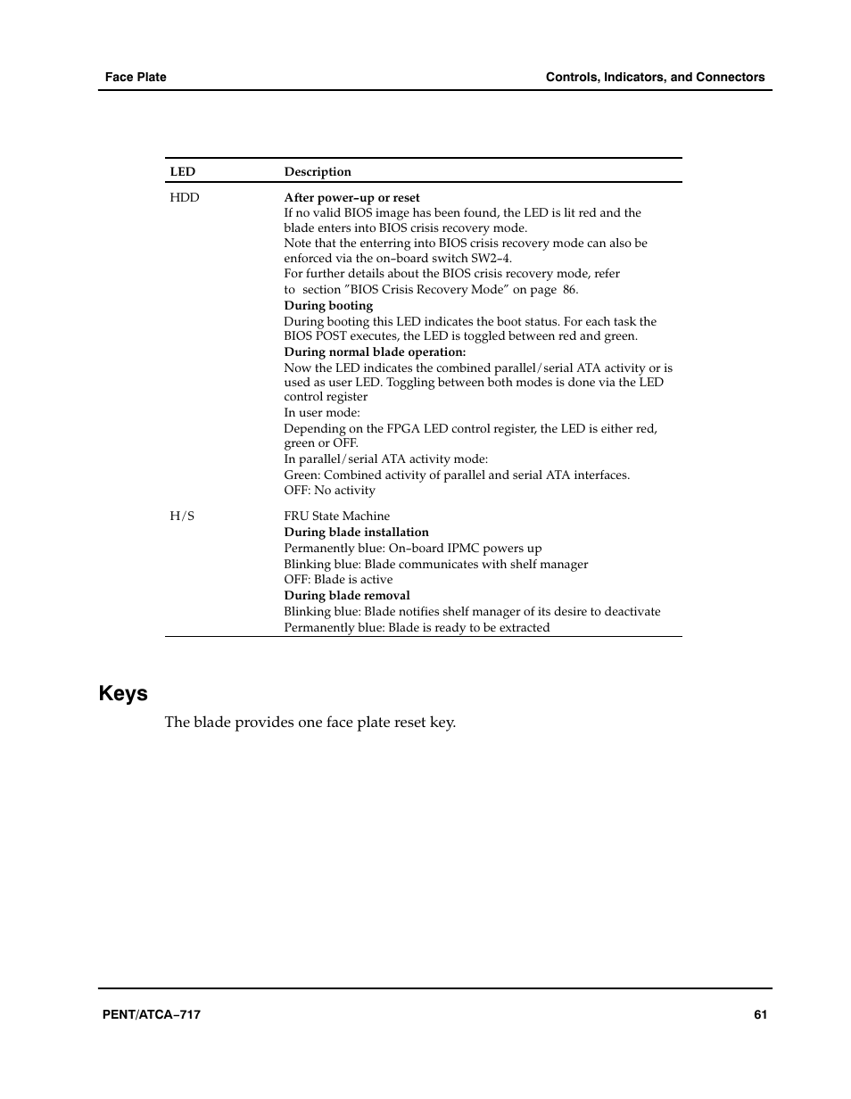 Keys, The blade provides one face plate reset key | Motorola ATCA-717 User Manual | Page 61 / 156