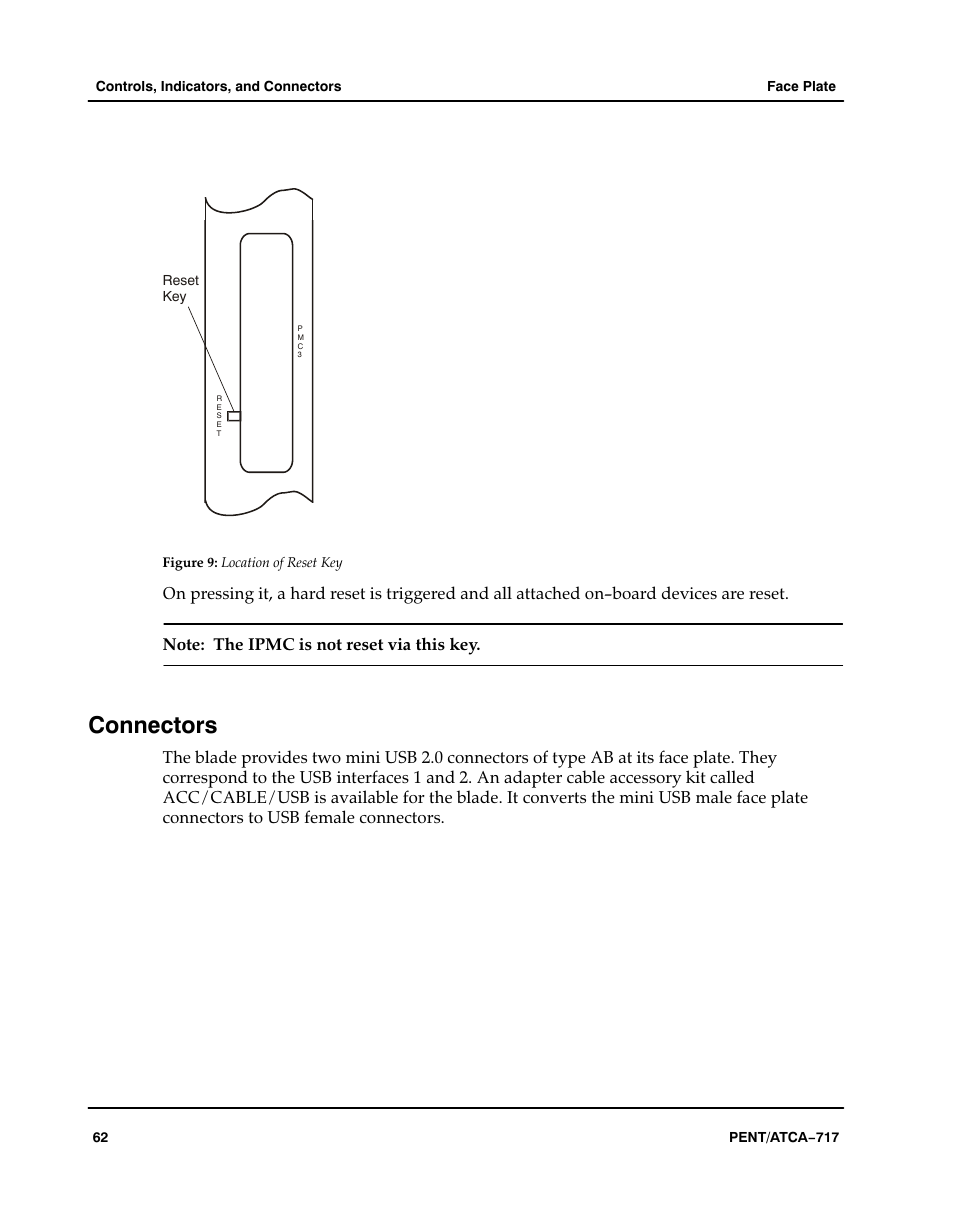 Connectors, Figure, Aaaaaaa | Location of reset key | Motorola ATCA-717 User Manual | Page 62 / 156