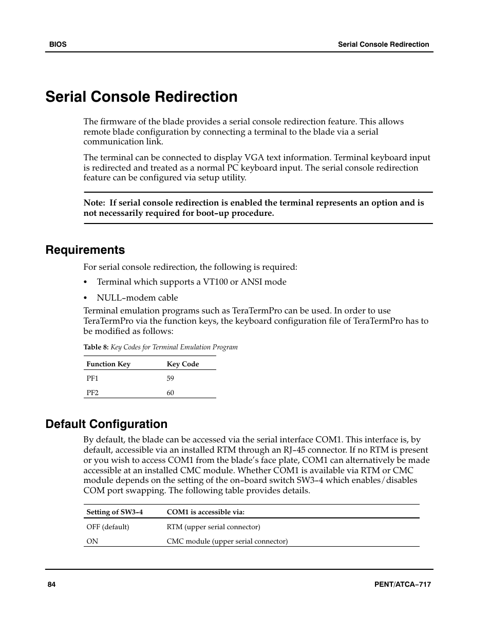 Serial console redirection, Requirements, Default configuration | Table, Aaaaaaa, Key codes for terminal emulation program | Motorola ATCA-717 User Manual | Page 84 / 156