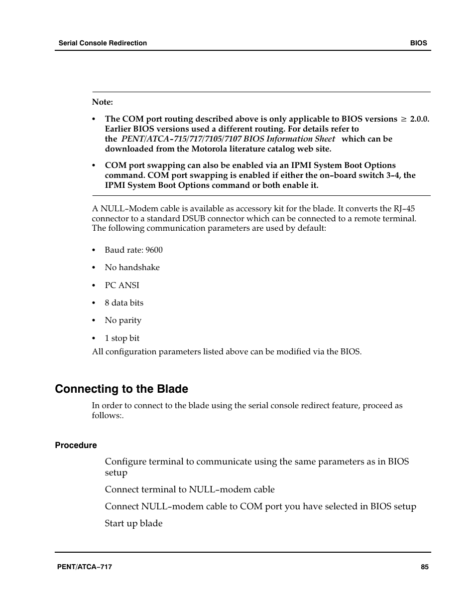 Connecting to the blade, Procedure | Motorola ATCA-717 User Manual | Page 85 / 156