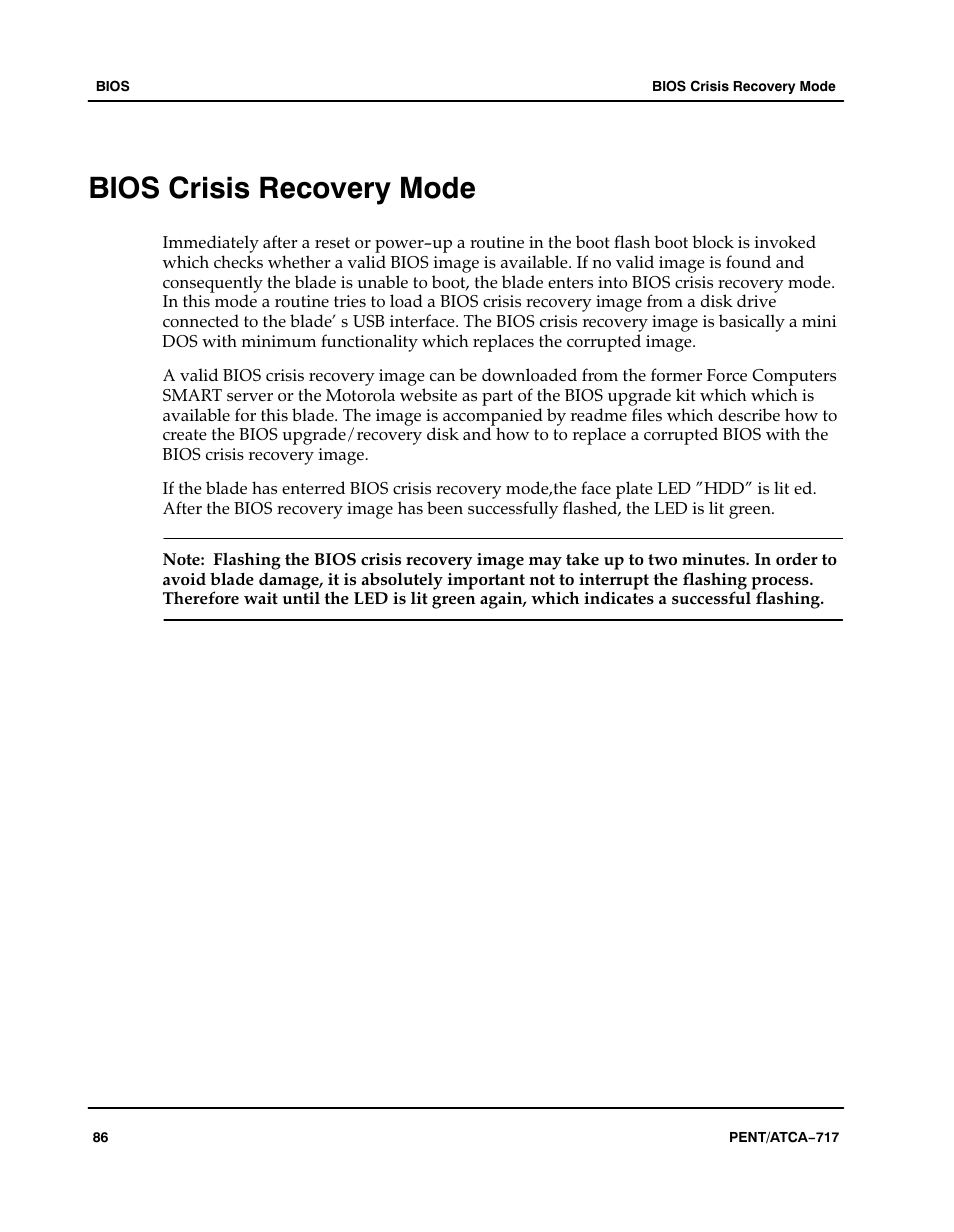 Bios crisis recovery mode, Section "bios crisis recovery mode" on | Motorola ATCA-717 User Manual | Page 86 / 156