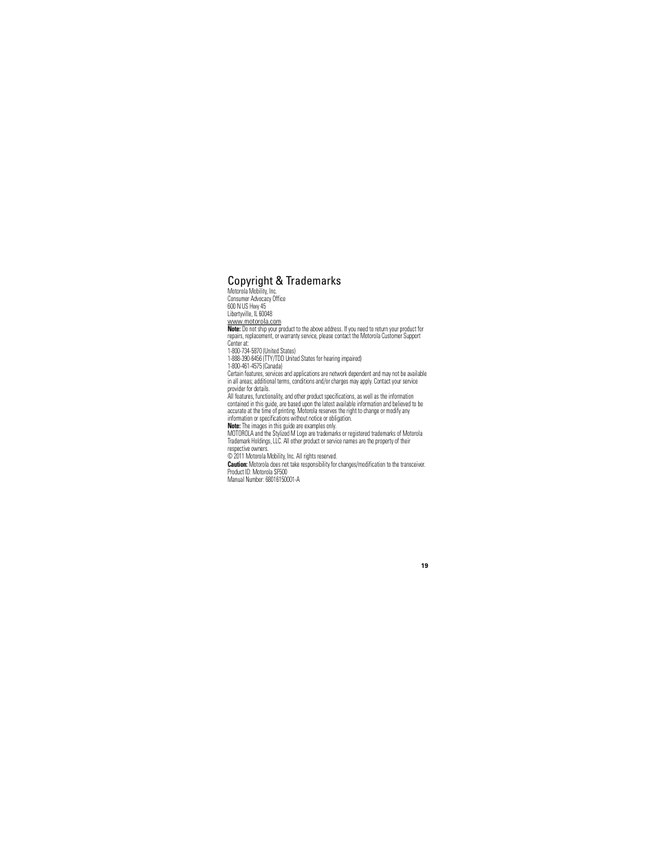 Copyright & trademarks | Motorola SF500 User Manual | Page 21 / 24