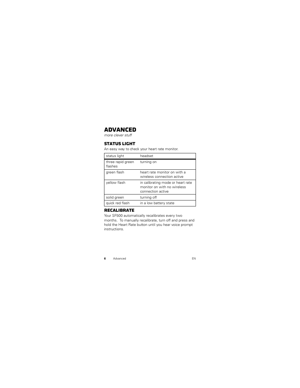 Advanced, Status light, Recalibrate | Motorola SF500 User Manual | Page 8 / 24