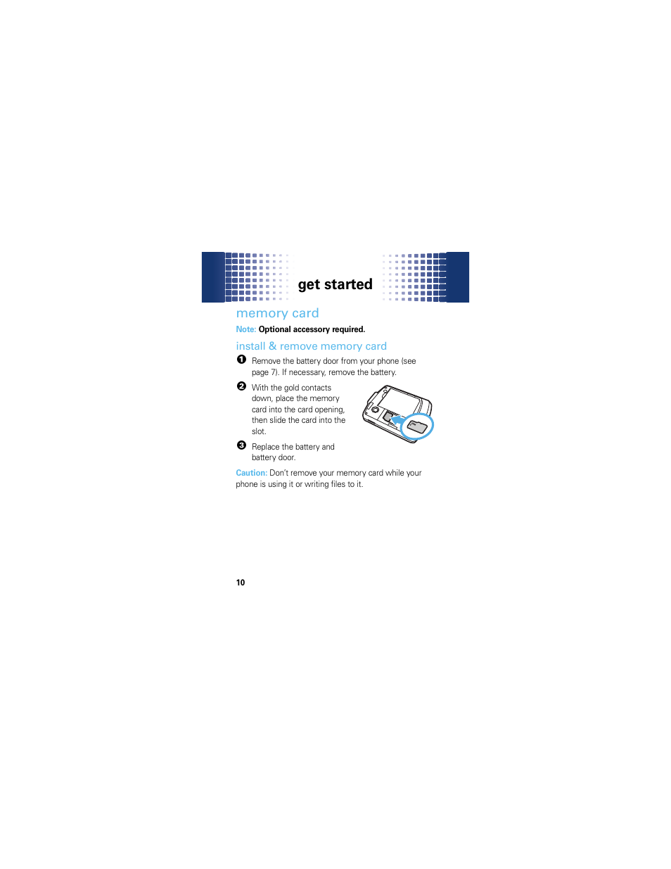 Memory card, Get started | Motorola HINT QA30 User Manual | Page 12 / 48