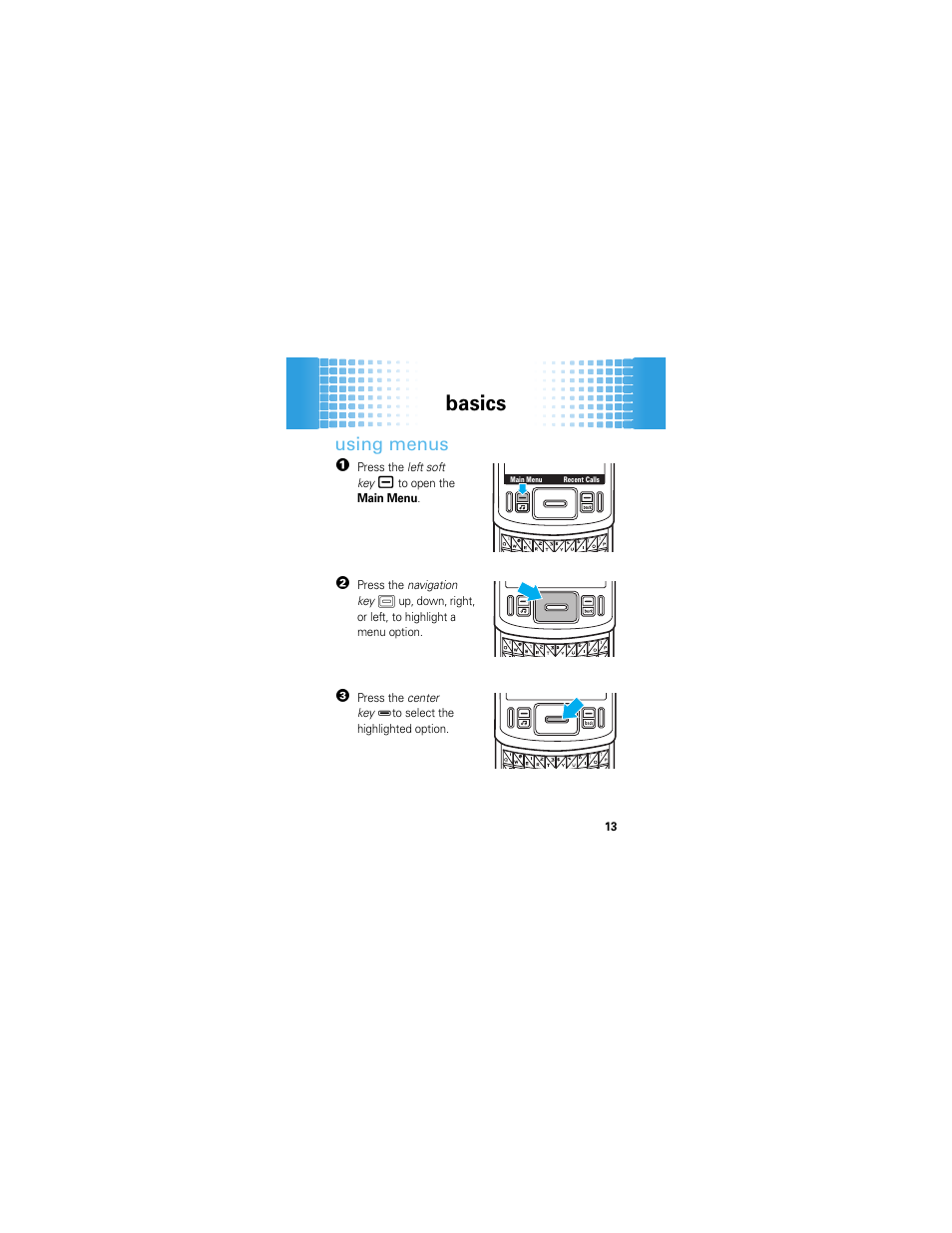 Using menus, Basics | Motorola HINT QA30 User Manual | Page 15 / 48