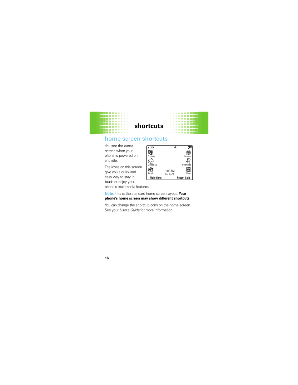 Shortcuts, Home screen shortcuts, Eû l | Motorola HINT QA30 User Manual | Page 18 / 48