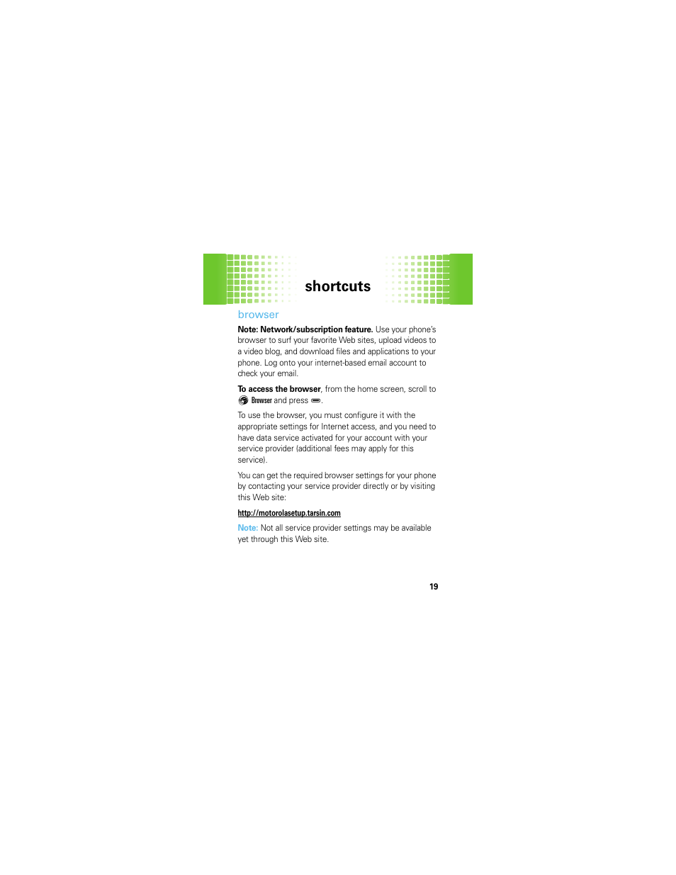 Shortcuts | Motorola HINT QA30 User Manual | Page 21 / 48