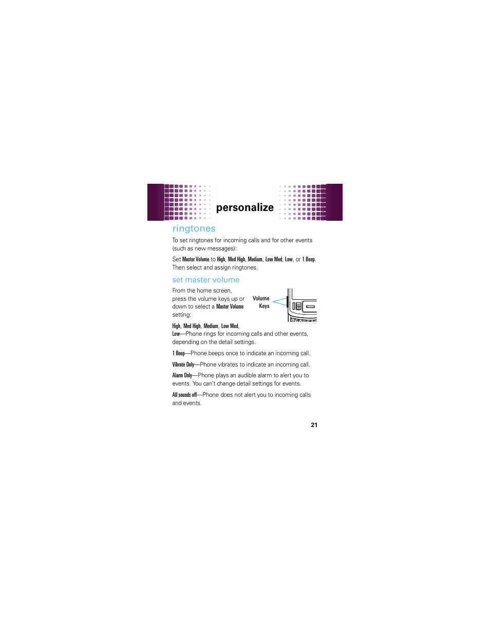 Personalize, Ringtones | Motorola HINT QA30 User Manual | Page 23 / 48