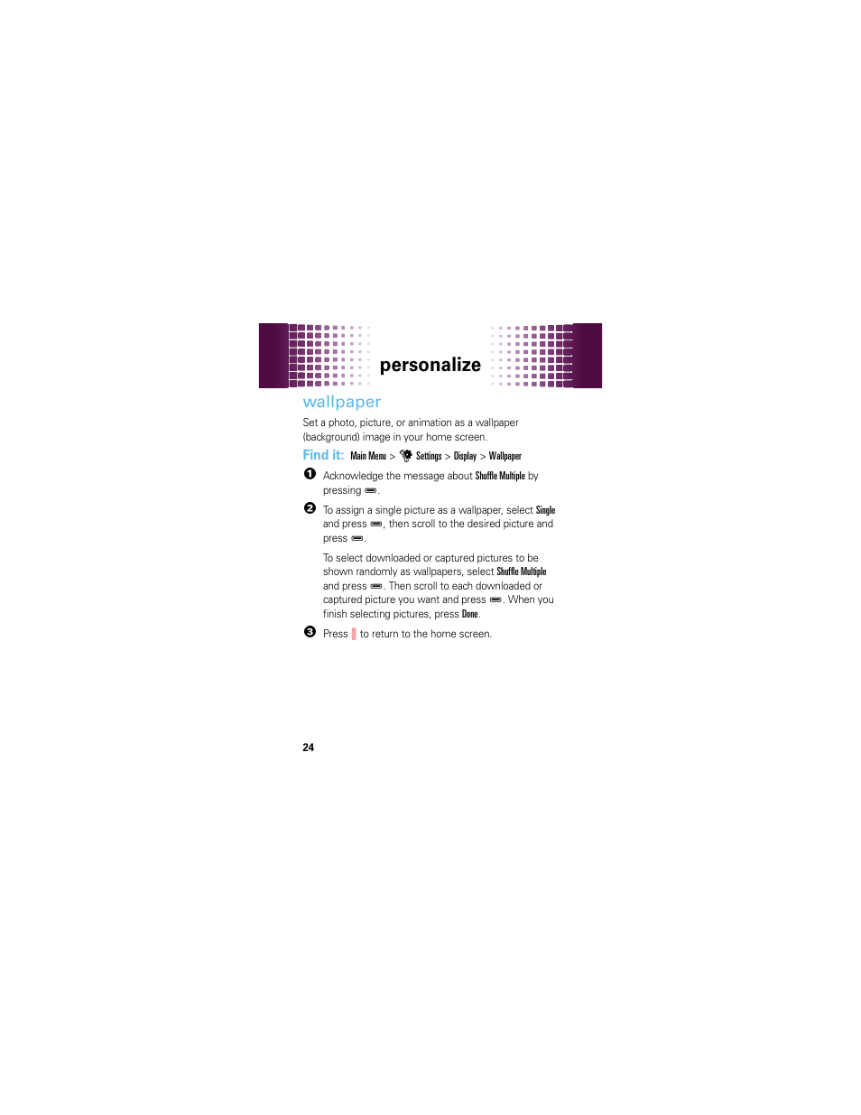 Wallpaper, Personalize | Motorola HINT QA30 User Manual | Page 26 / 48